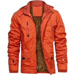 Mens Orange Thick Winter Jacket Hooded Fleece Lined Cotton Military Coat